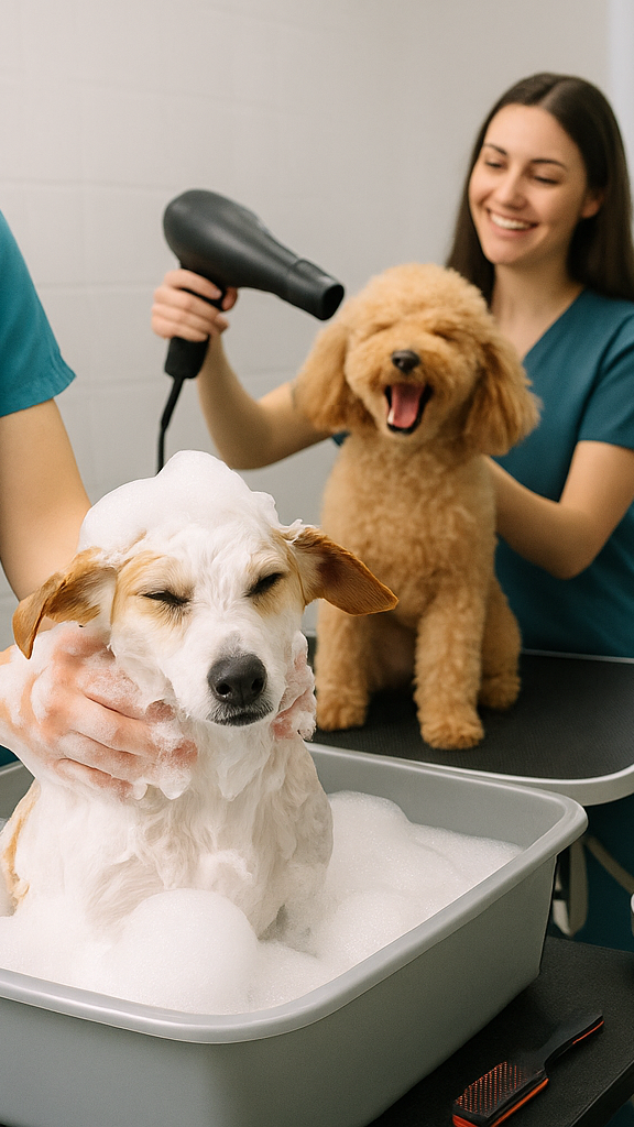 dogs getting groomed